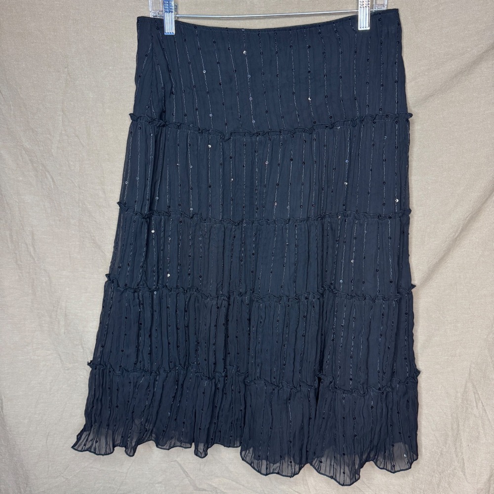 Star City Black Tiered Crinkle Chiffon Midi Skirt Sequin FairyCore Ruffle Size 7